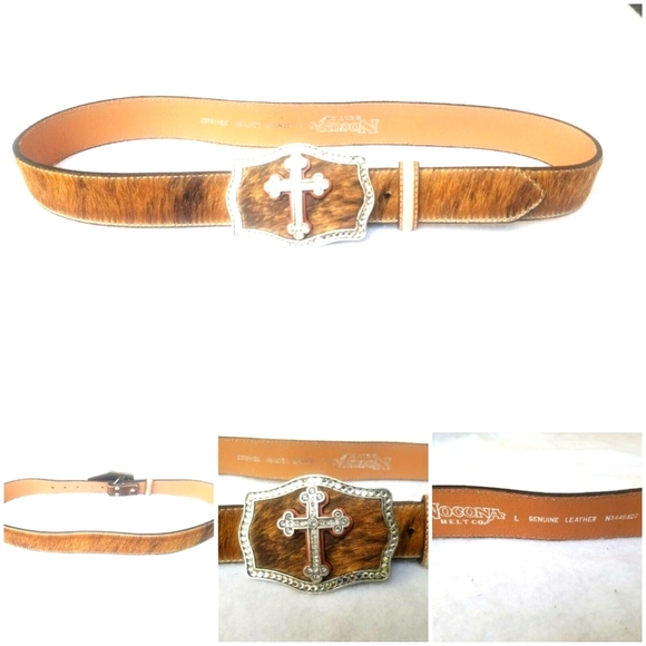 Women's NOCONA Fur Animal Print & Leather Studded Belt Western 36"-40"  - Picture 1 of 6